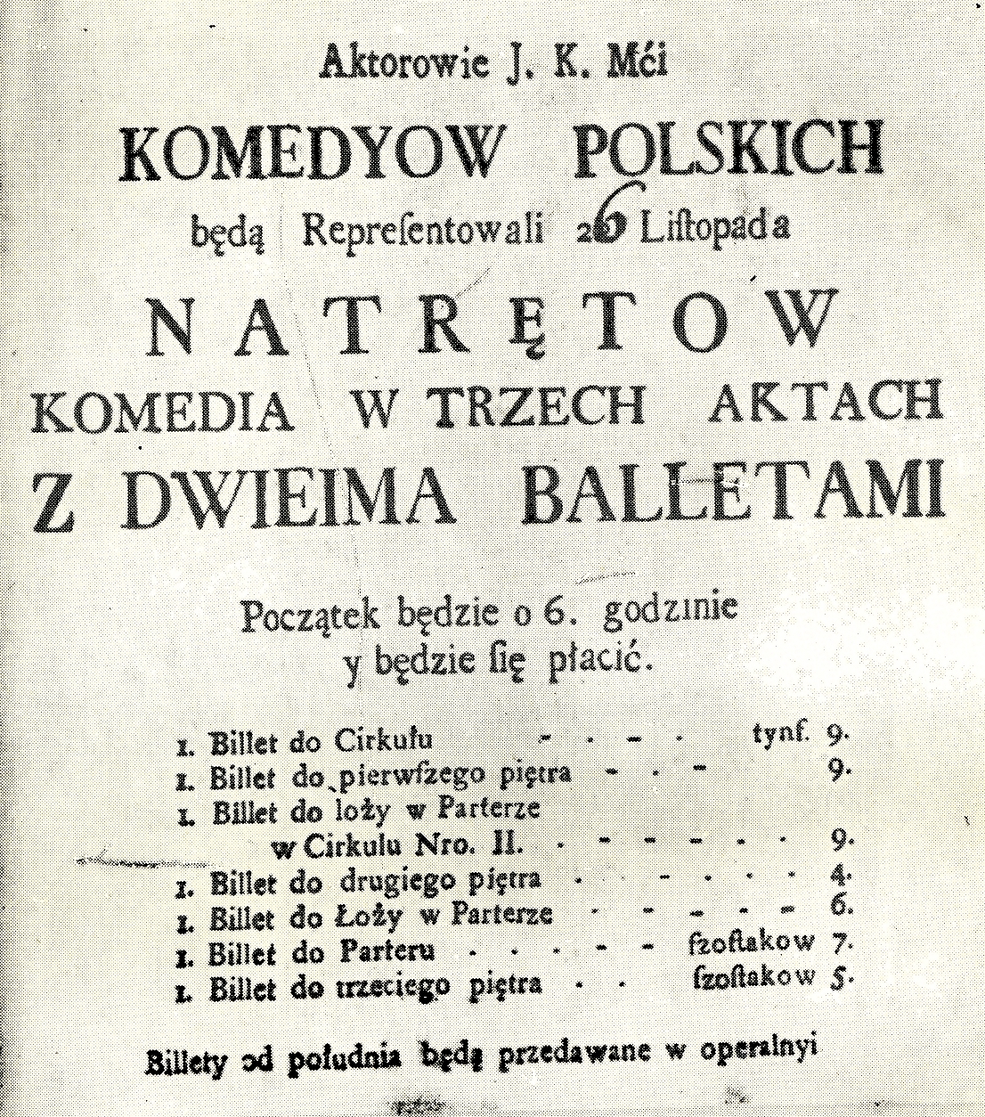 Afisz przedstawienia NATRĘCI Józefa Bielawskiego z dnia 26 listopada 1765 roku, Muzeum Teatralne w Warszawie